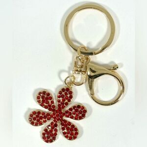 BAG CHARM Gold Tone Red Crystal Flower Bag Charm Keychain MINT